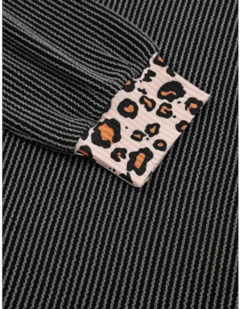 Carbon Grey Twisted Rib Texture Leopard Patchwork Detail 2pcs Pant Set