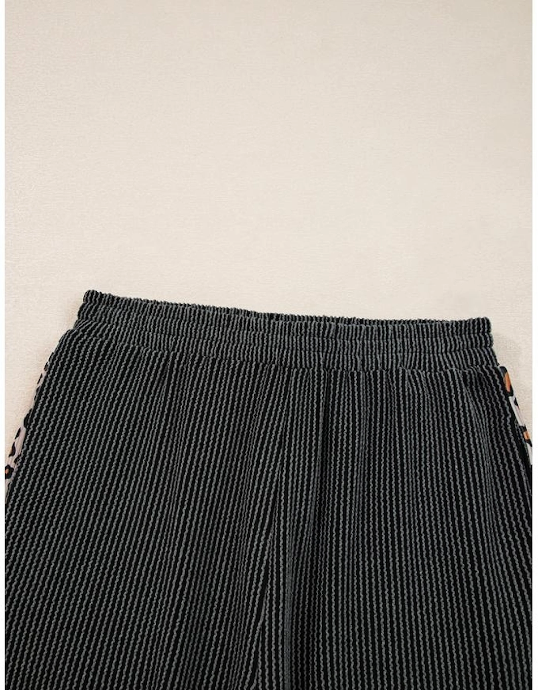 Carbon Grey Twisted Rib Texture Leopard Patchwork Detail 2pcs Pant Set