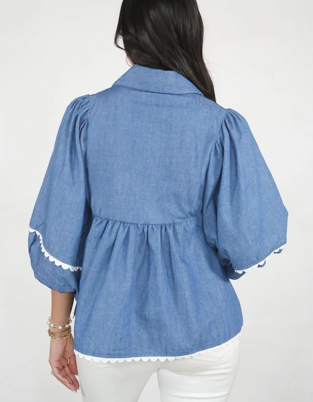 Dusk Blue Lace Ric Rac 3/4 Puff Sleeve Collared Babydoll Blouse, 15 of 14