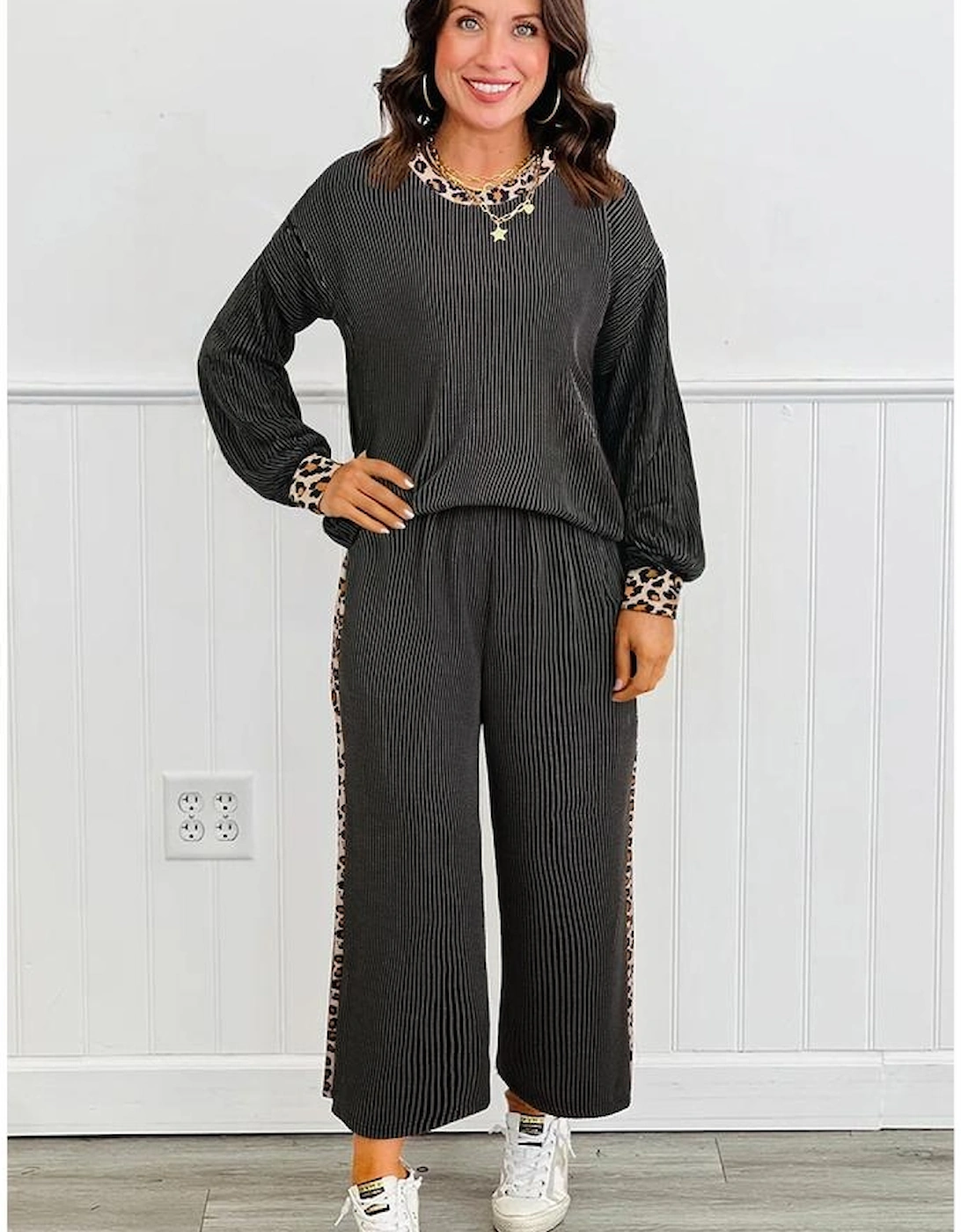 Carbon Grey Twisted Rib Texture Leopard Patchwork Detail 2pcs Pant Set, 13 of 12