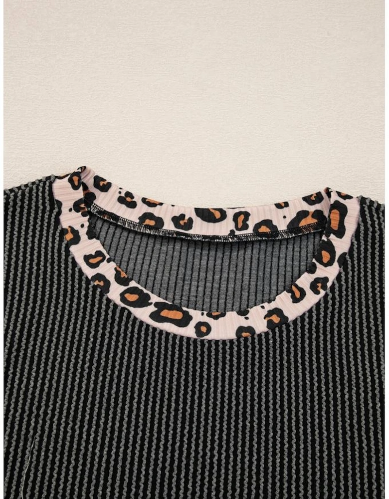 Carbon Grey Twisted Rib Texture Leopard Patchwork Detail 2pcs Pant Set