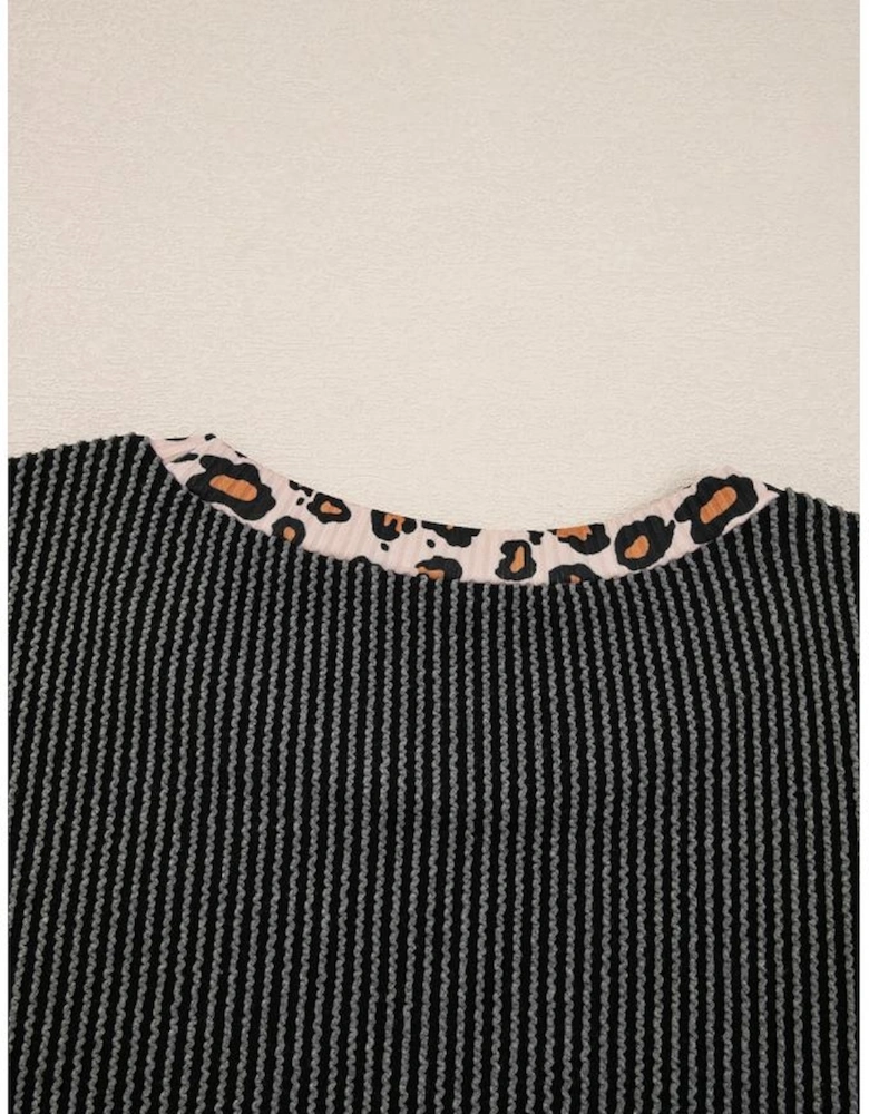 Carbon Grey Twisted Rib Texture Leopard Patchwork Detail 2pcs Pant Set