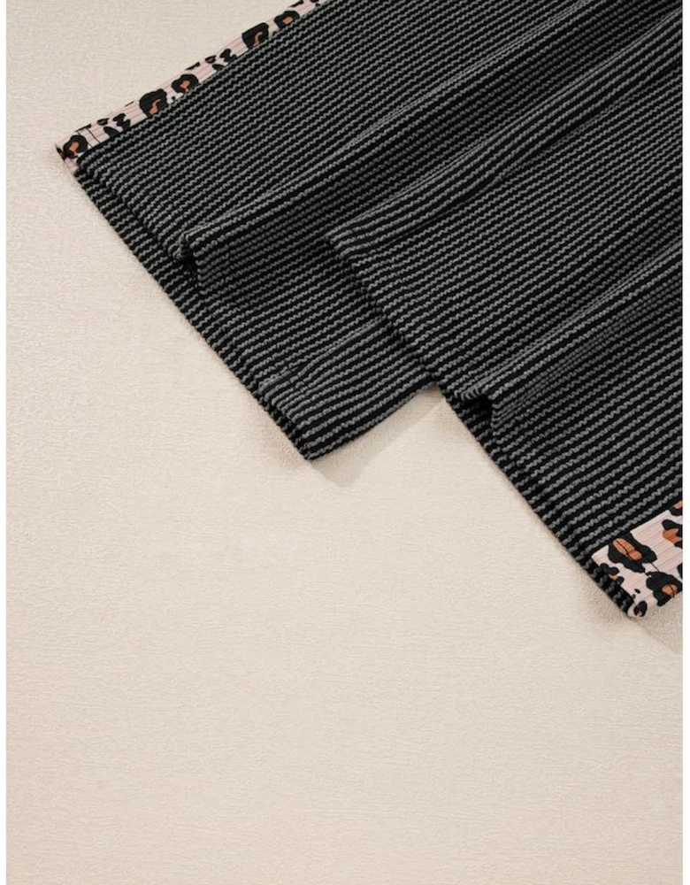 Carbon Grey Twisted Rib Texture Leopard Patchwork Detail 2pcs Pant Set