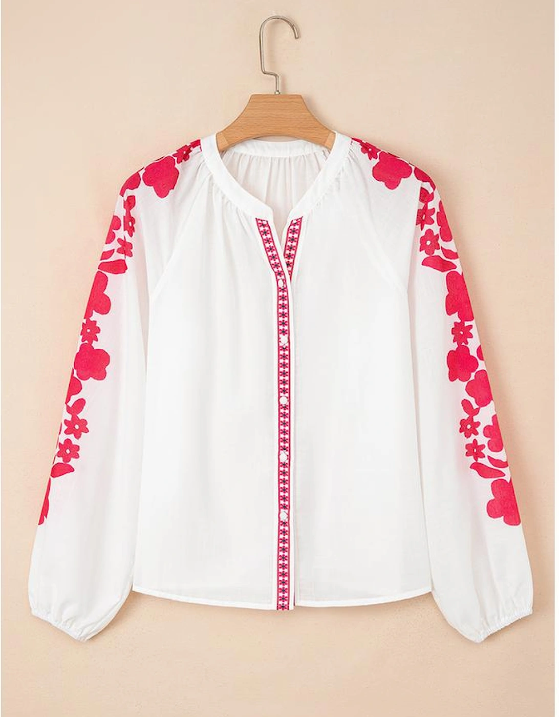 White Floral Embroidered Puff Long Sleeve Casual Shirt