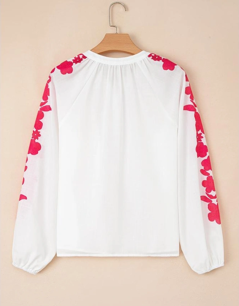 White Floral Embroidered Puff Long Sleeve Casual Shirt