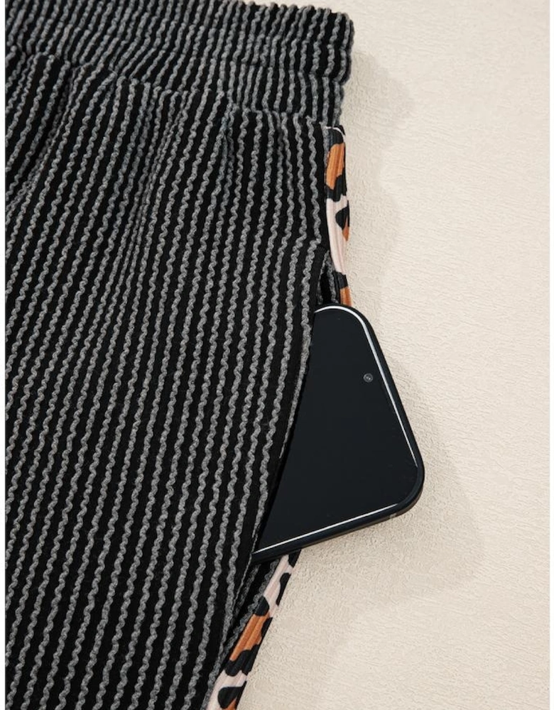 Carbon Grey Twisted Rib Texture Leopard Patchwork Detail 2pcs Pant Set