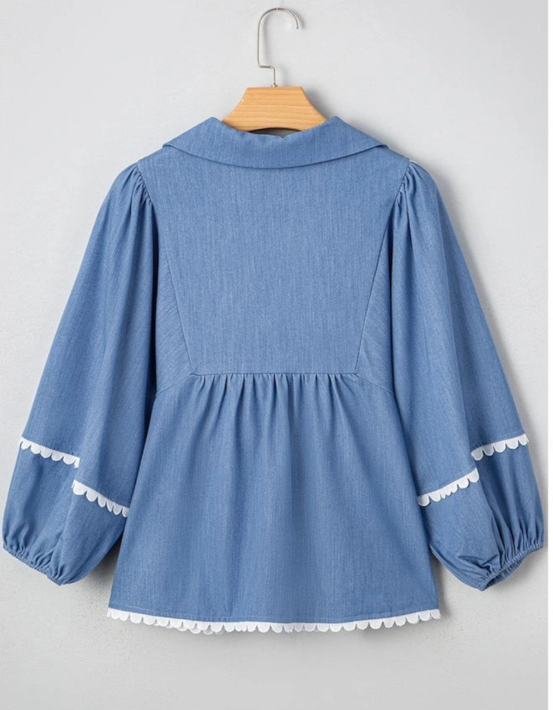 Dusk Blue Lace Ric Rac 3/4 Puff Sleeve Collared Babydoll Blouse