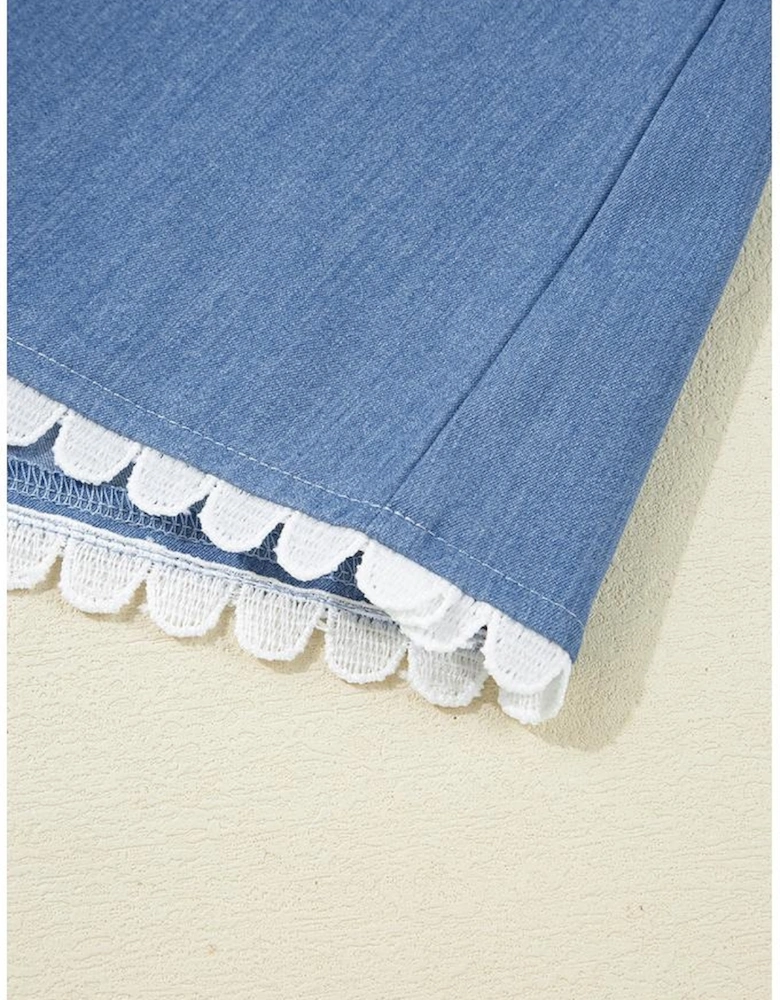 Dusk Blue Lace Ric Rac 3/4 Puff Sleeve Collared Babydoll Blouse