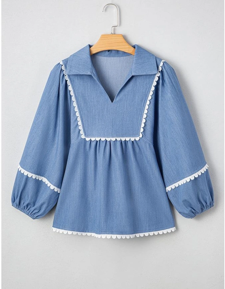 Dusk Blue Lace Ric Rac 3/4 Puff Sleeve Collared Babydoll Blouse