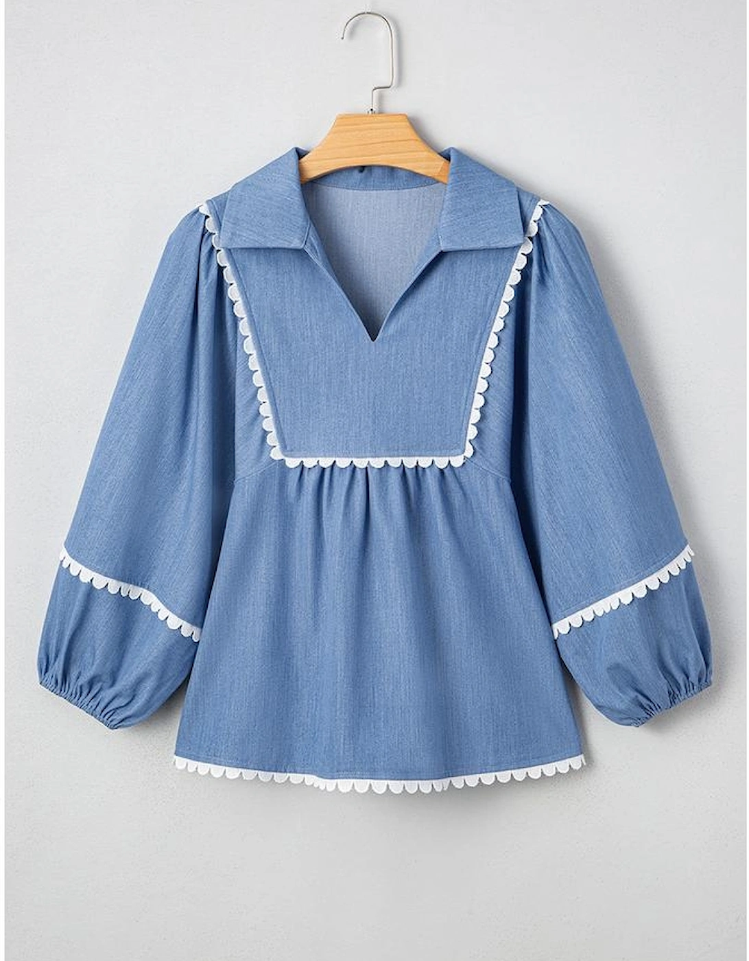 Dusk Blue Lace Ric Rac 3/4 Puff Sleeve Collared Babydoll Blouse