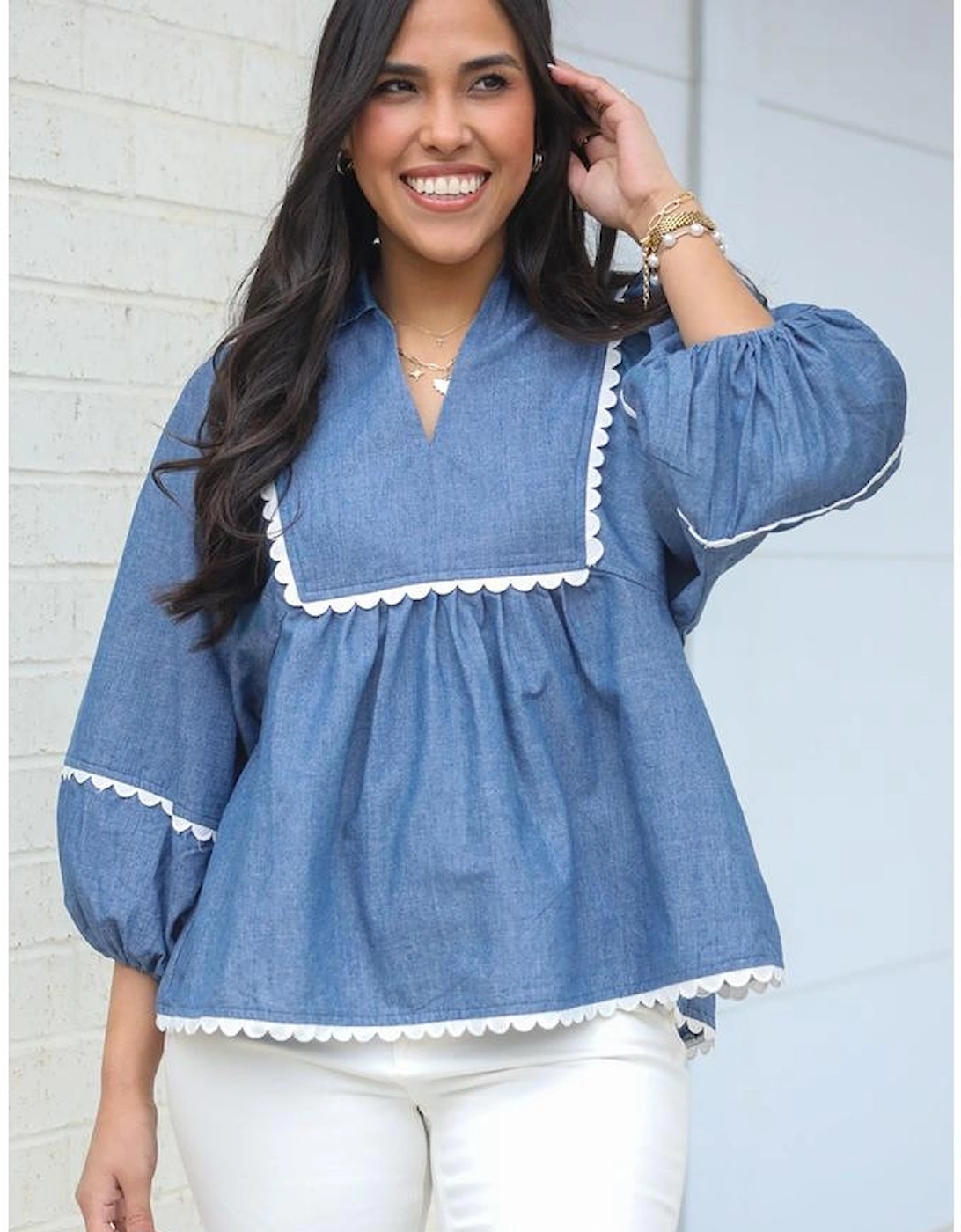 Dusk Blue Lace Ric Rac 3/4 Puff Sleeve Collared Babydoll Blouse