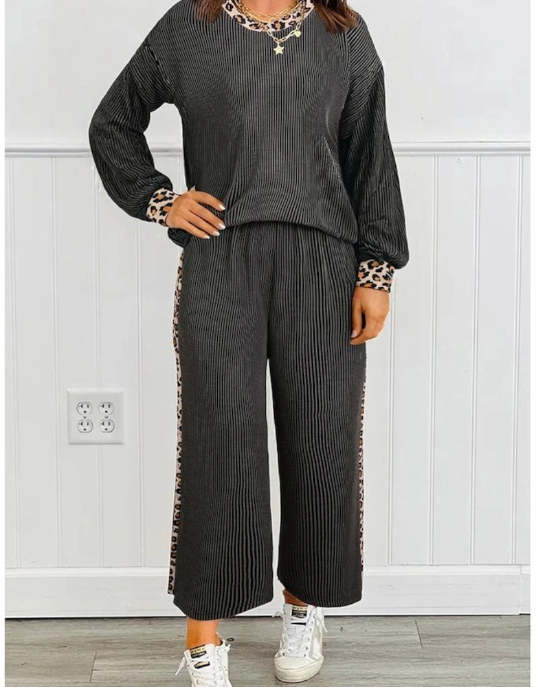 Carbon Grey Twisted Rib Texture Leopard Patchwork Detail 2pcs Pant Set