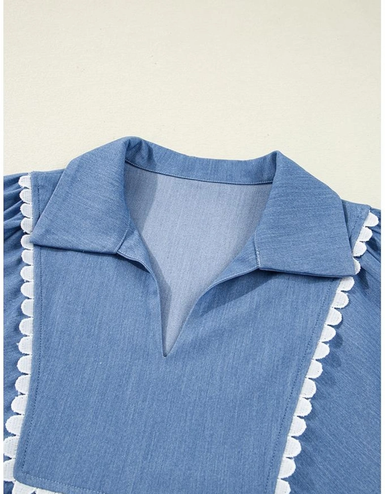 Dusk Blue Lace Ric Rac 3/4 Puff Sleeve Collared Babydoll Blouse