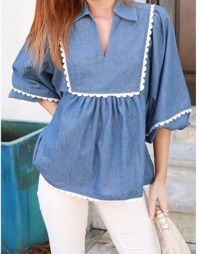 Dusk Blue Lace Ric Rac 3/4 Puff Sleeve Collared Babydoll Blouse
