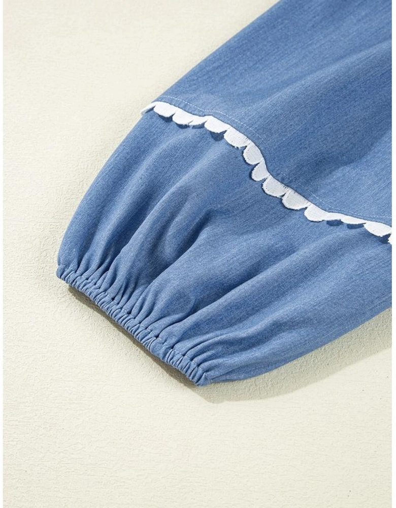 Dusk Blue Lace Ric Rac 3/4 Puff Sleeve Collared Babydoll Blouse