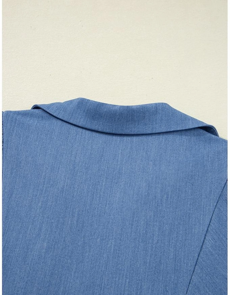 Dusk Blue Lace Ric Rac 3/4 Puff Sleeve Collared Babydoll Blouse