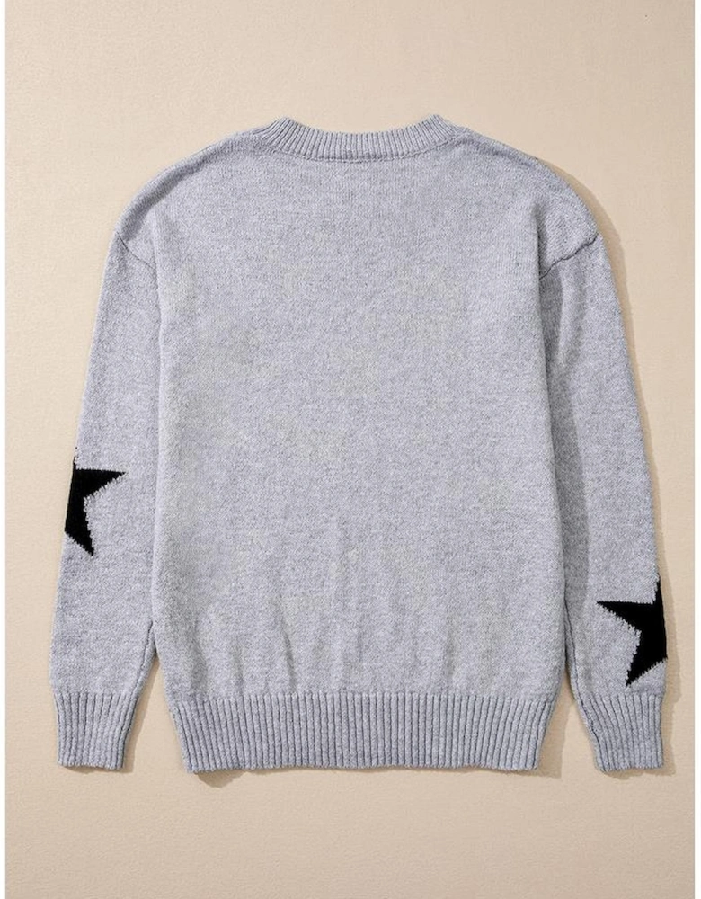 Gray Star Pattern Drop Shoulder Sweater