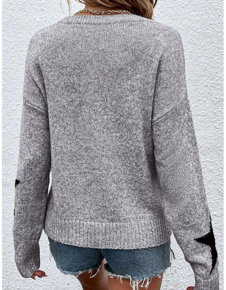 Gray Star Pattern Drop Shoulder Sweater