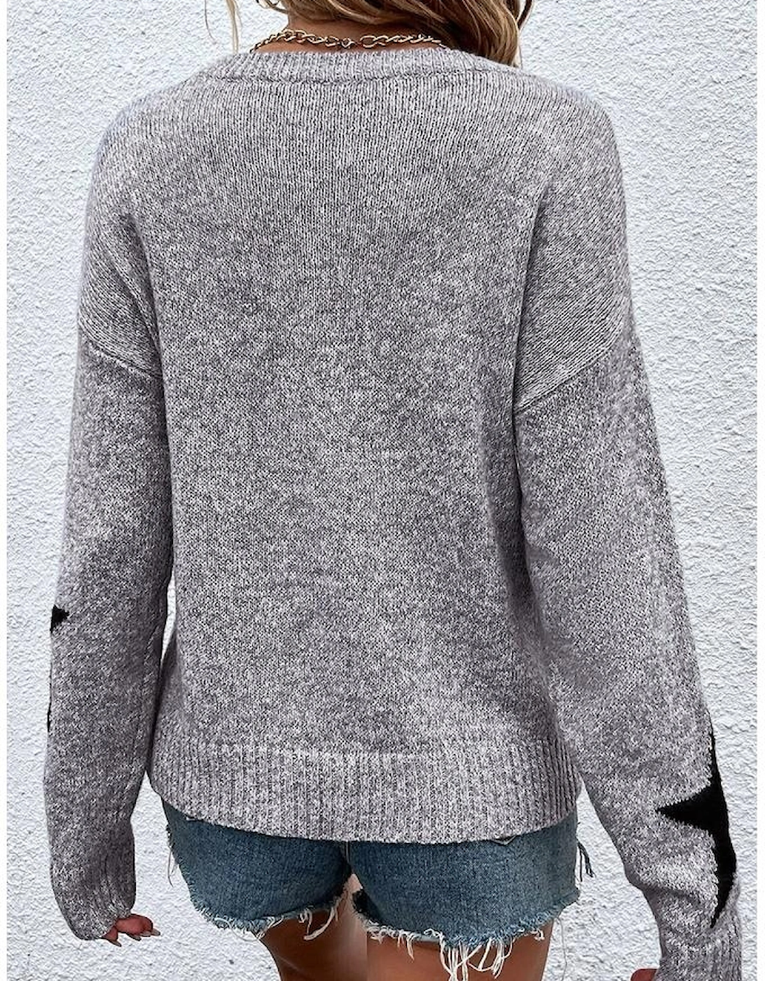 Gray Star Pattern Drop Shoulder Sweater