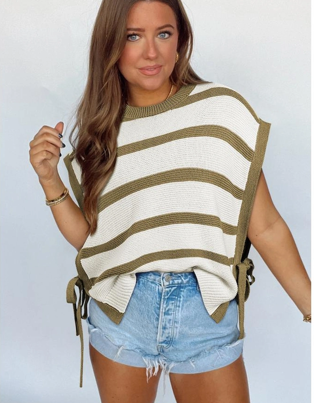 Khaki Stripe Tie Open Side Sweater Knitted Top