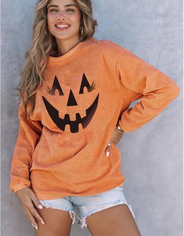 Orange Pumpkin Smile Face Graphic Sweatshirt