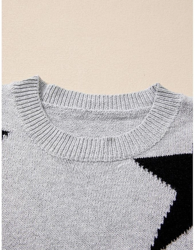 Gray Star Pattern Drop Shoulder Sweater