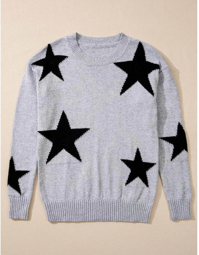 Gray Star Pattern Drop Shoulder Sweater