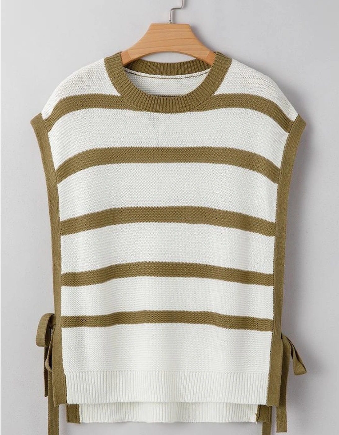Khaki Stripe Tie Open Side Sweater Knitted Top