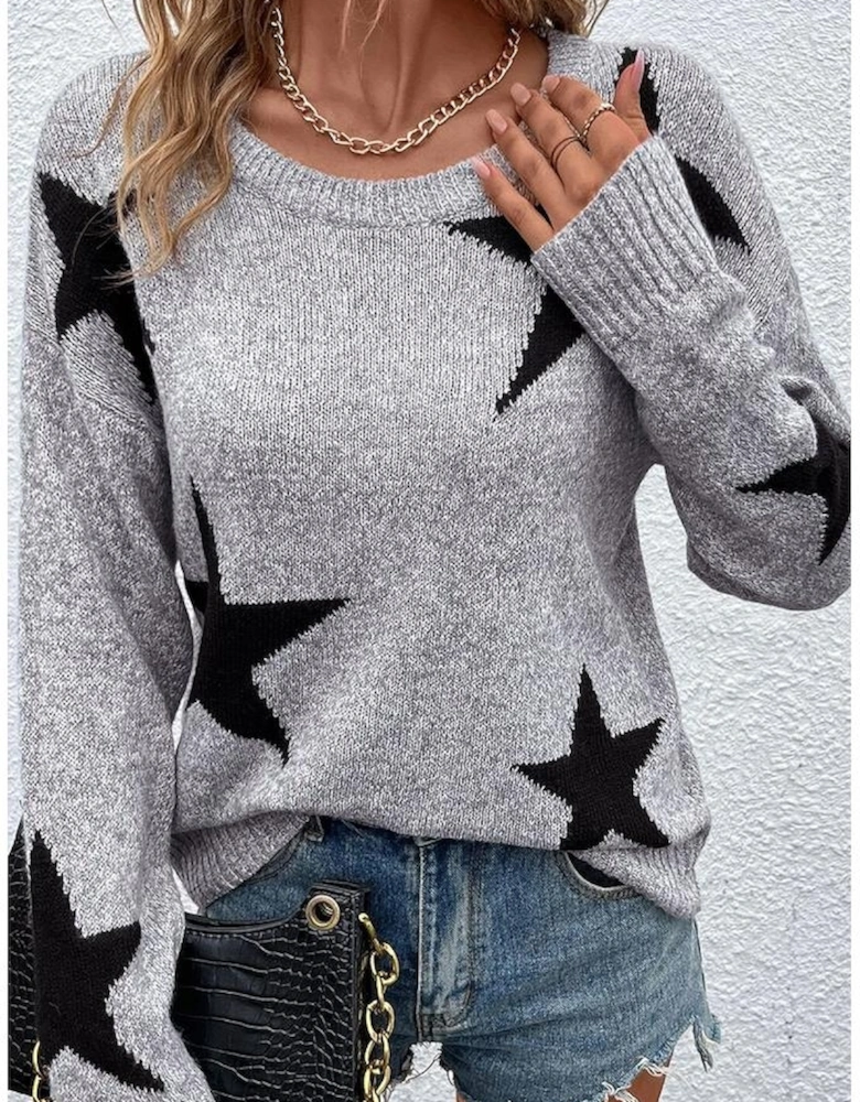 Gray Star Pattern Drop Shoulder Sweater