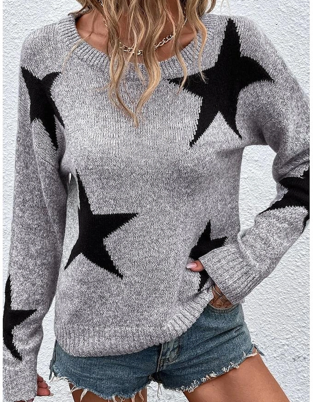 Gray Star Pattern Drop Shoulder Sweater