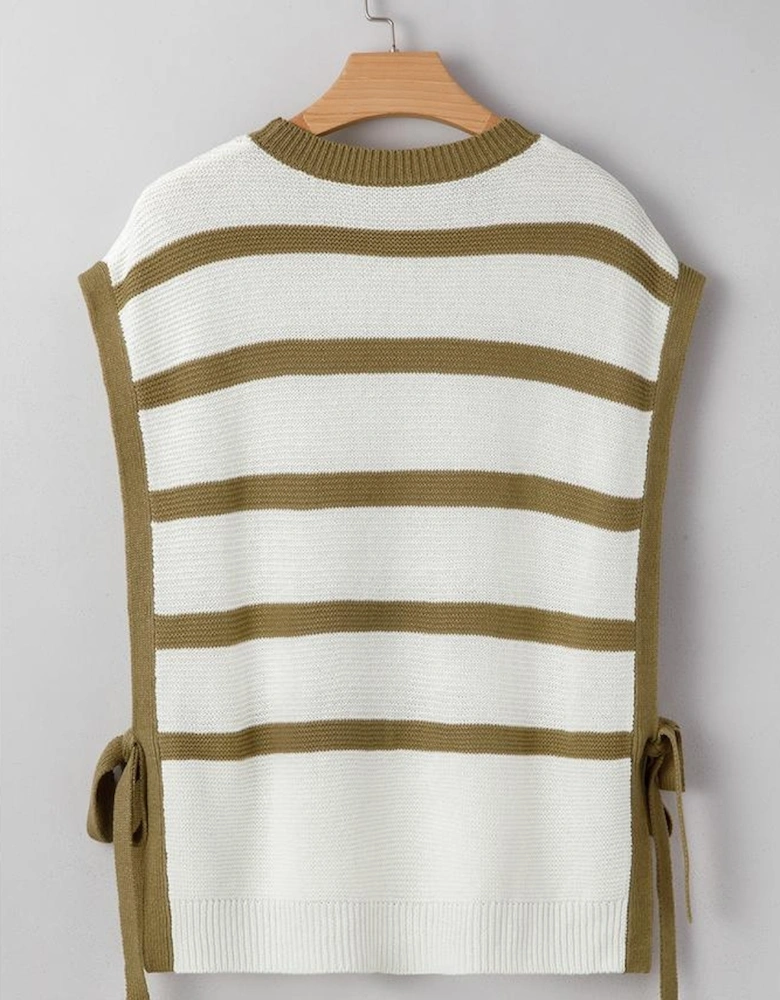 Khaki Stripe Tie Open Side Sweater Knitted Top