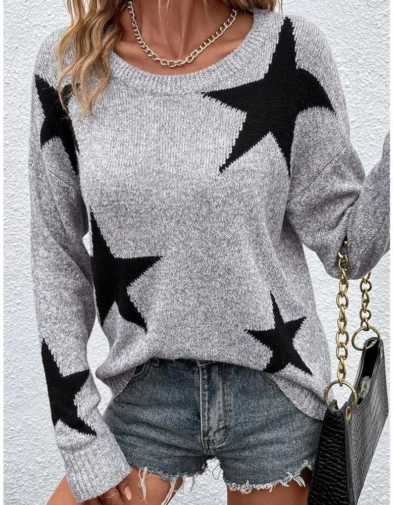 Gray Star Pattern Drop Shoulder Sweater