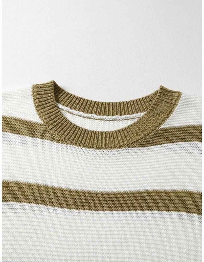 Khaki Stripe Tie Open Side Sweater Knitted Top