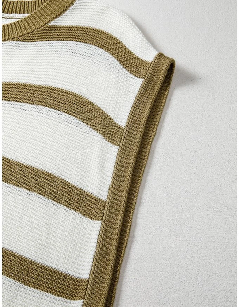 Khaki Stripe Tie Open Side Sweater Knitted Top