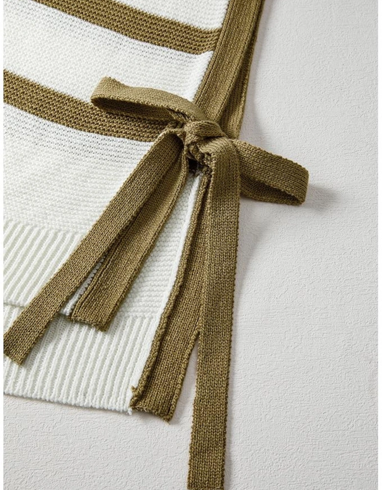 Khaki Stripe Tie Open Side Sweater Knitted Top