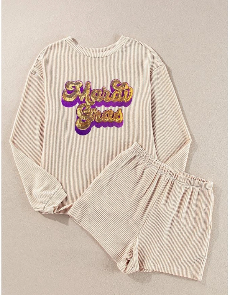 Parchment Mardi Gras Sequined Corded Knit Two Piece Shorts Set