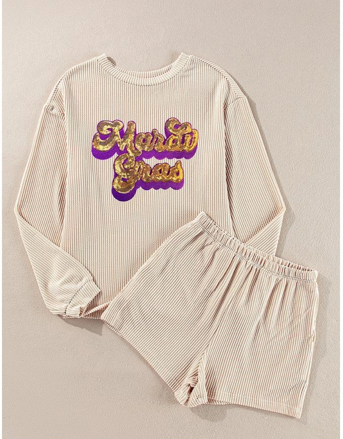 Parchment Mardi Gras Sequined Corded Knit Two Piece Shorts Set