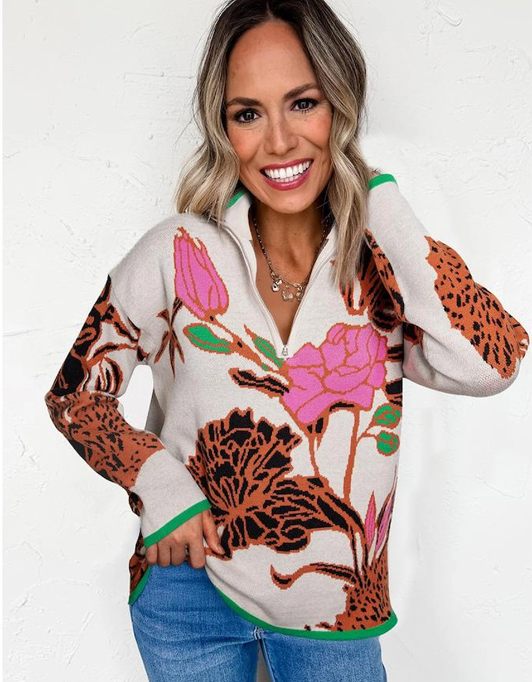 Khaki Floral Pattern Knit Quarter Zip Stand Neck Sweater