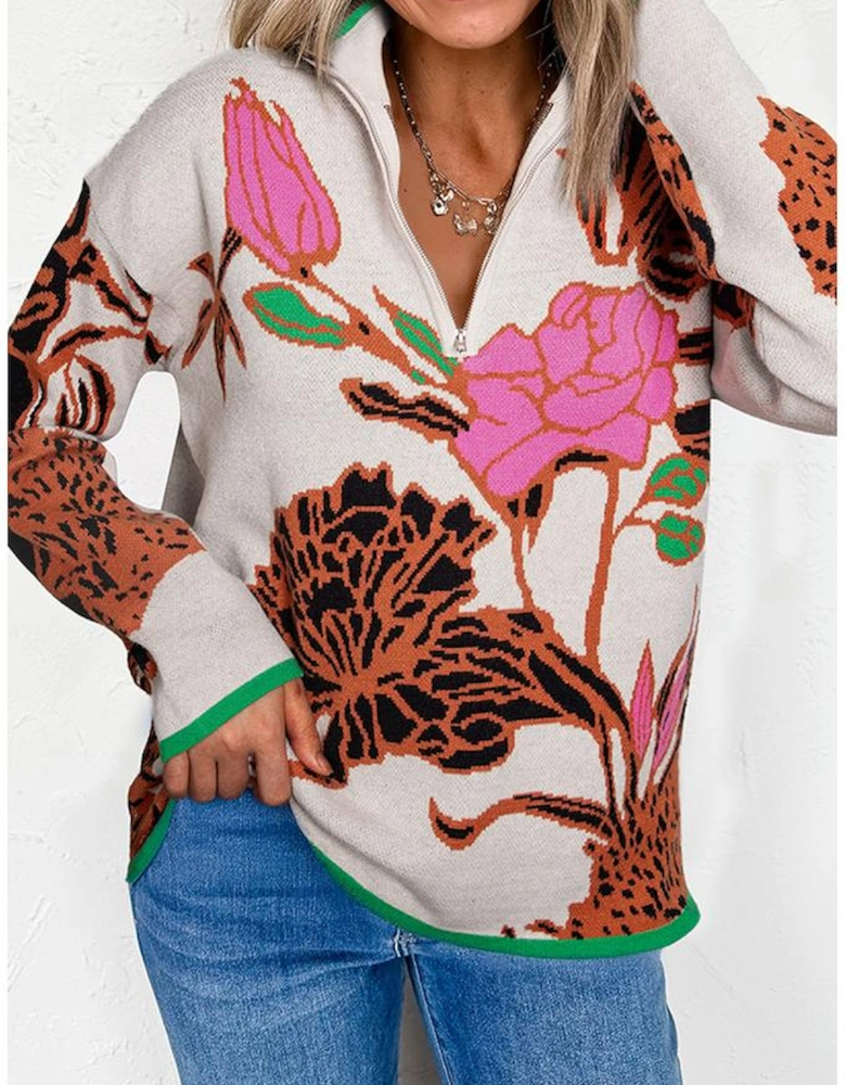 Khaki Floral Pattern Knit Quarter Zip Stand Neck Sweater