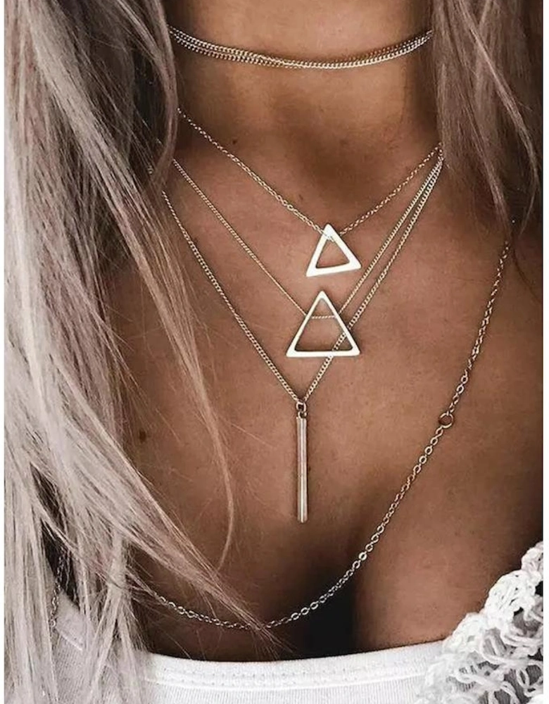 Silver Boho Triangle Bar Pendant Multilayer Necklace