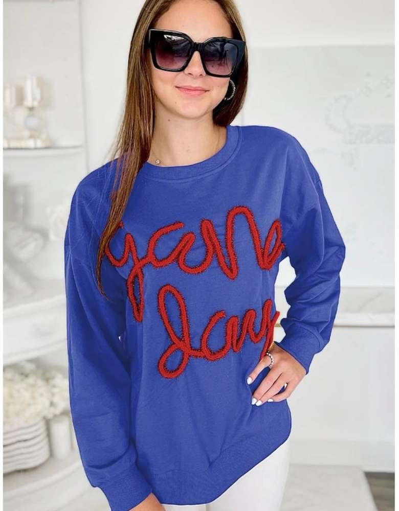 Dark Blue Tinsel Game Day Drop Shoulder Graphic Sweatshirt