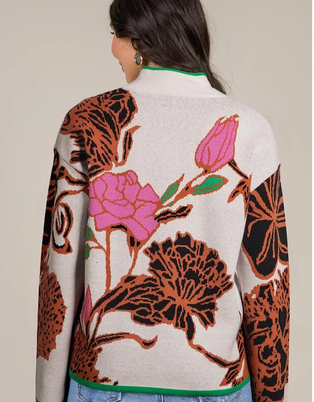 Khaki Floral Pattern Knit Quarter Zip Stand Neck Sweater, 4 of 3