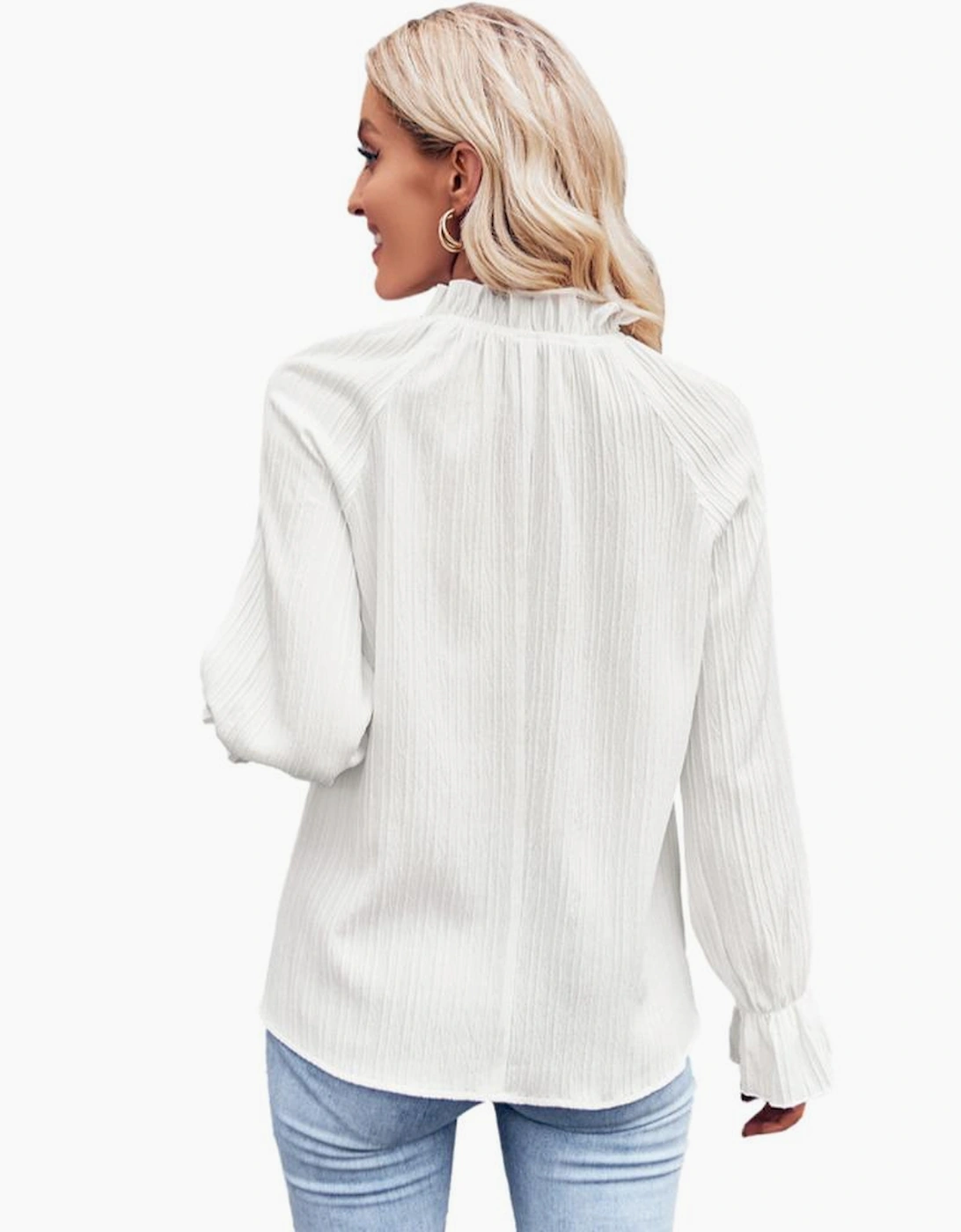 White Frilled Mock Neck Ripple Bubble Sleeve Blouse