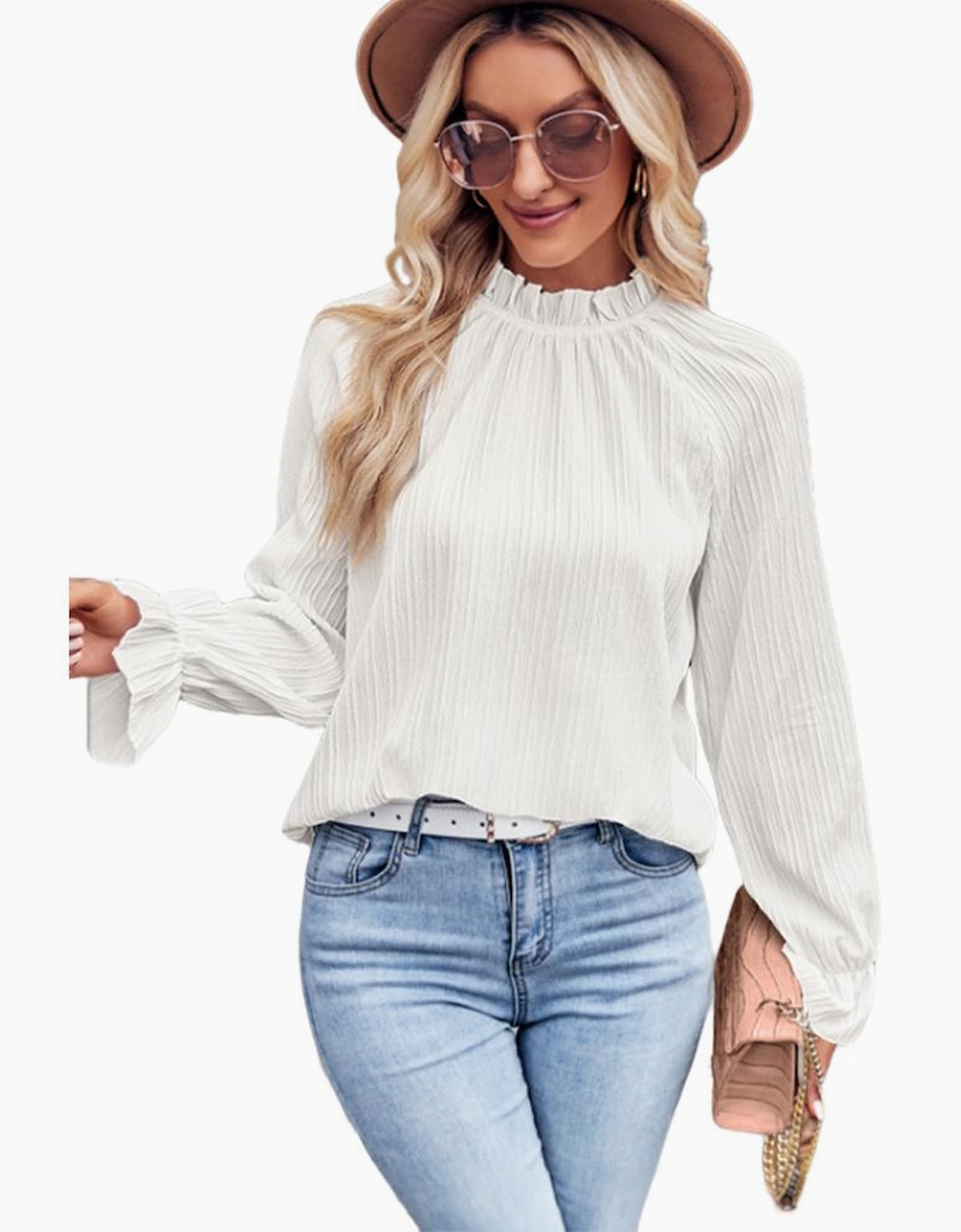 White Frilled Mock Neck Ripple Bubble Sleeve Blouse