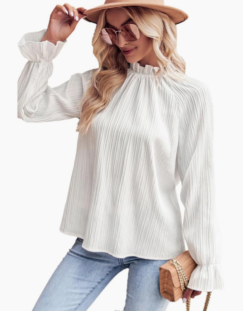 White Frilled Mock Neck Ripple Bubble Sleeve Blouse
