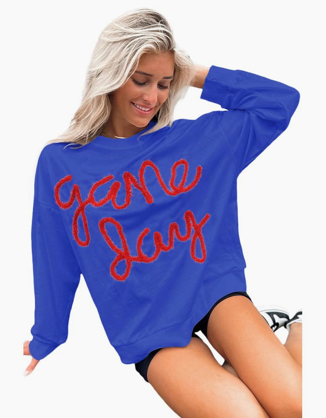 Dark Blue Tinsel Game Day Drop Shoulder Graphic Sweatshirt