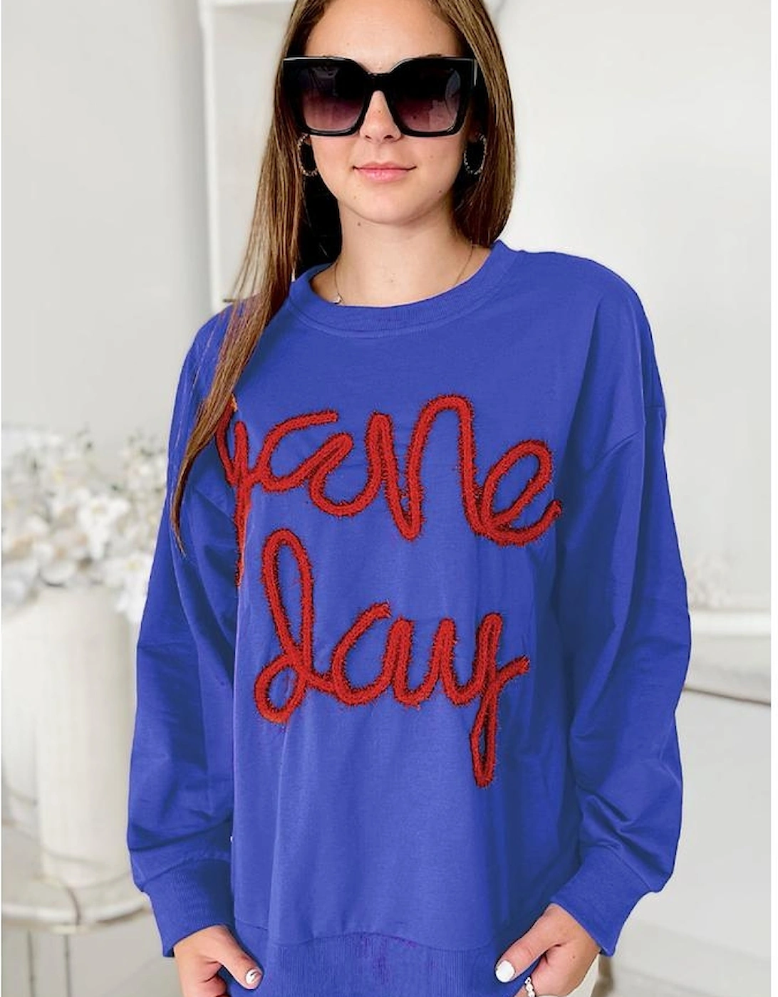 Dark Blue Tinsel Game Day Drop Shoulder Graphic Sweatshirt