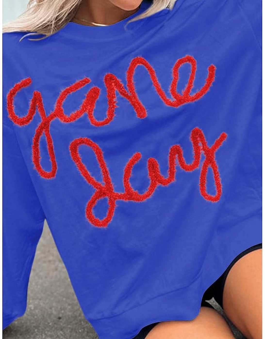 Dark Blue Tinsel Game Day Drop Shoulder Graphic Sweatshirt