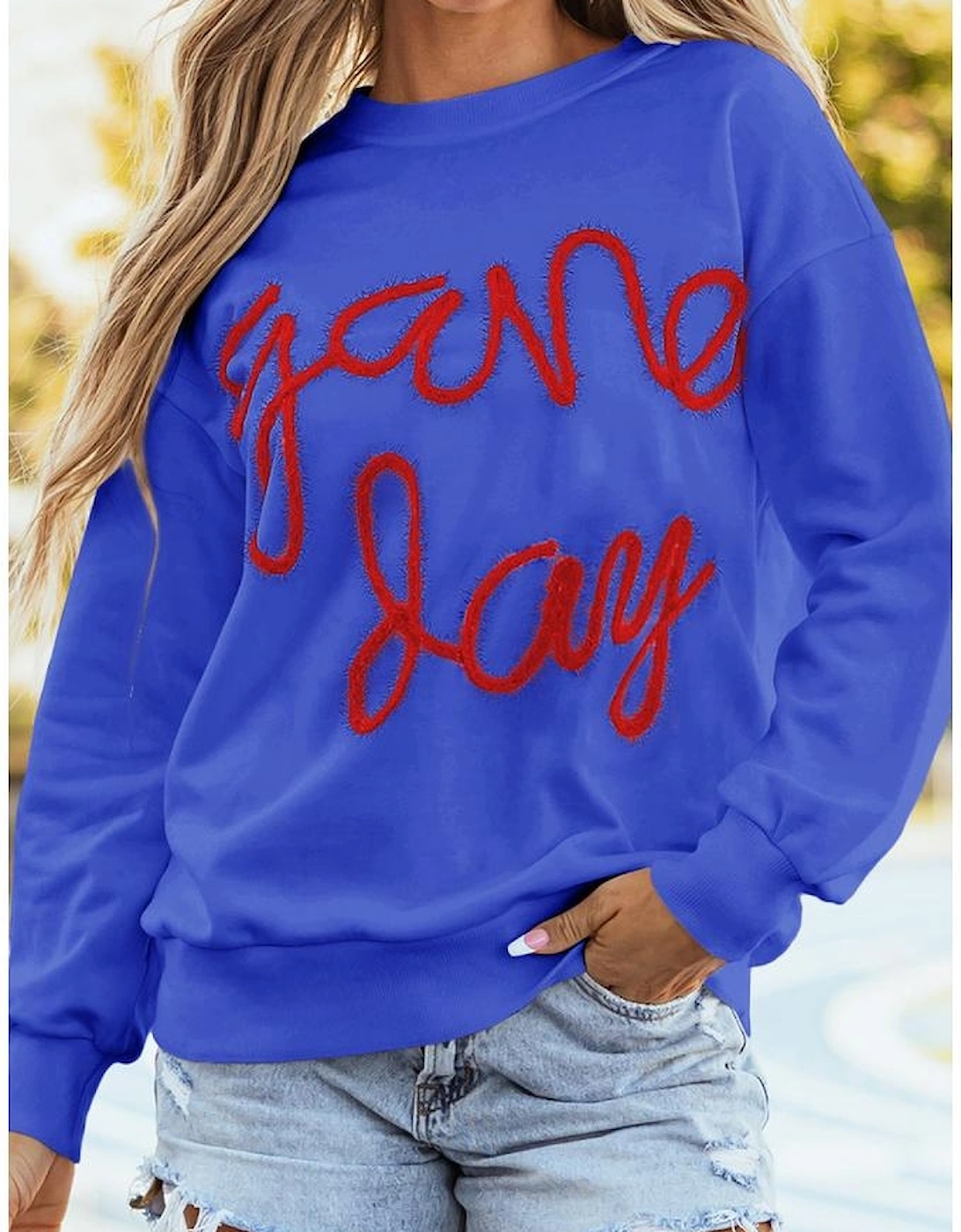 Dark Blue Tinsel Game Day Drop Shoulder Graphic Sweatshirt