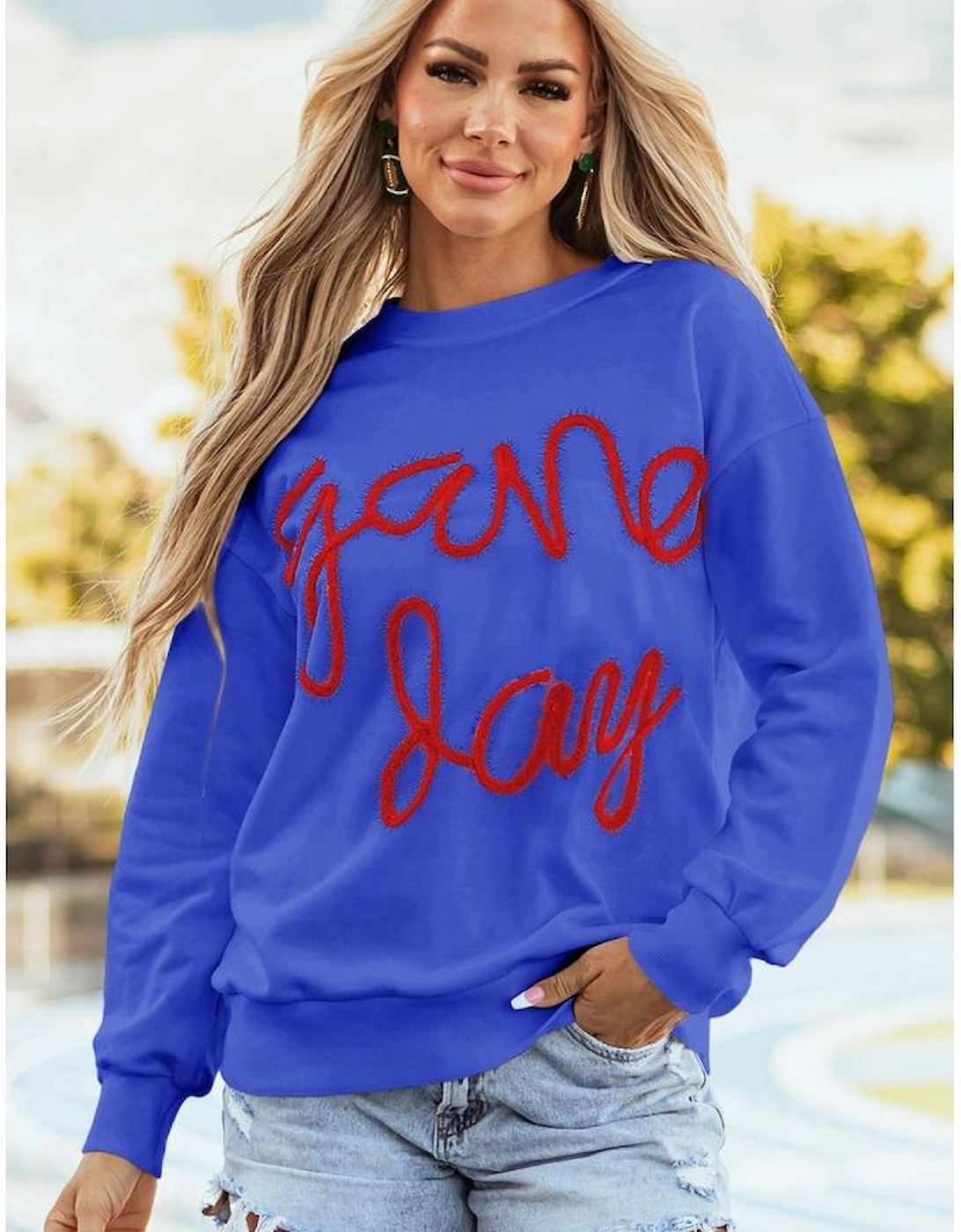 Dark Blue Tinsel Game Day Drop Shoulder Graphic Sweatshirt